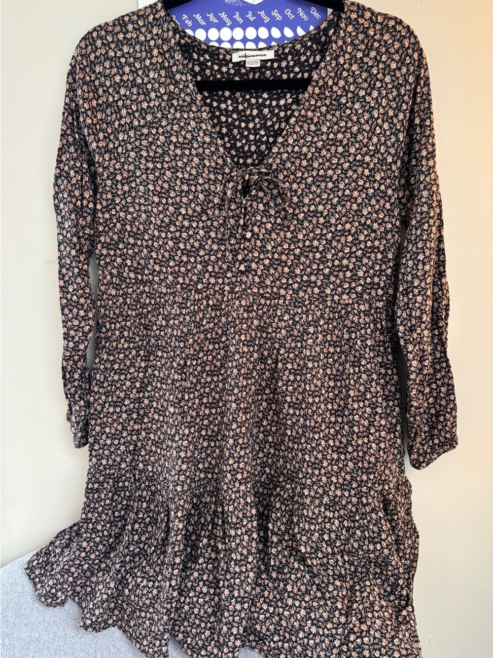 American Eagle Floral Tie-Front Tiered Dress in Black with Tan Flowers
